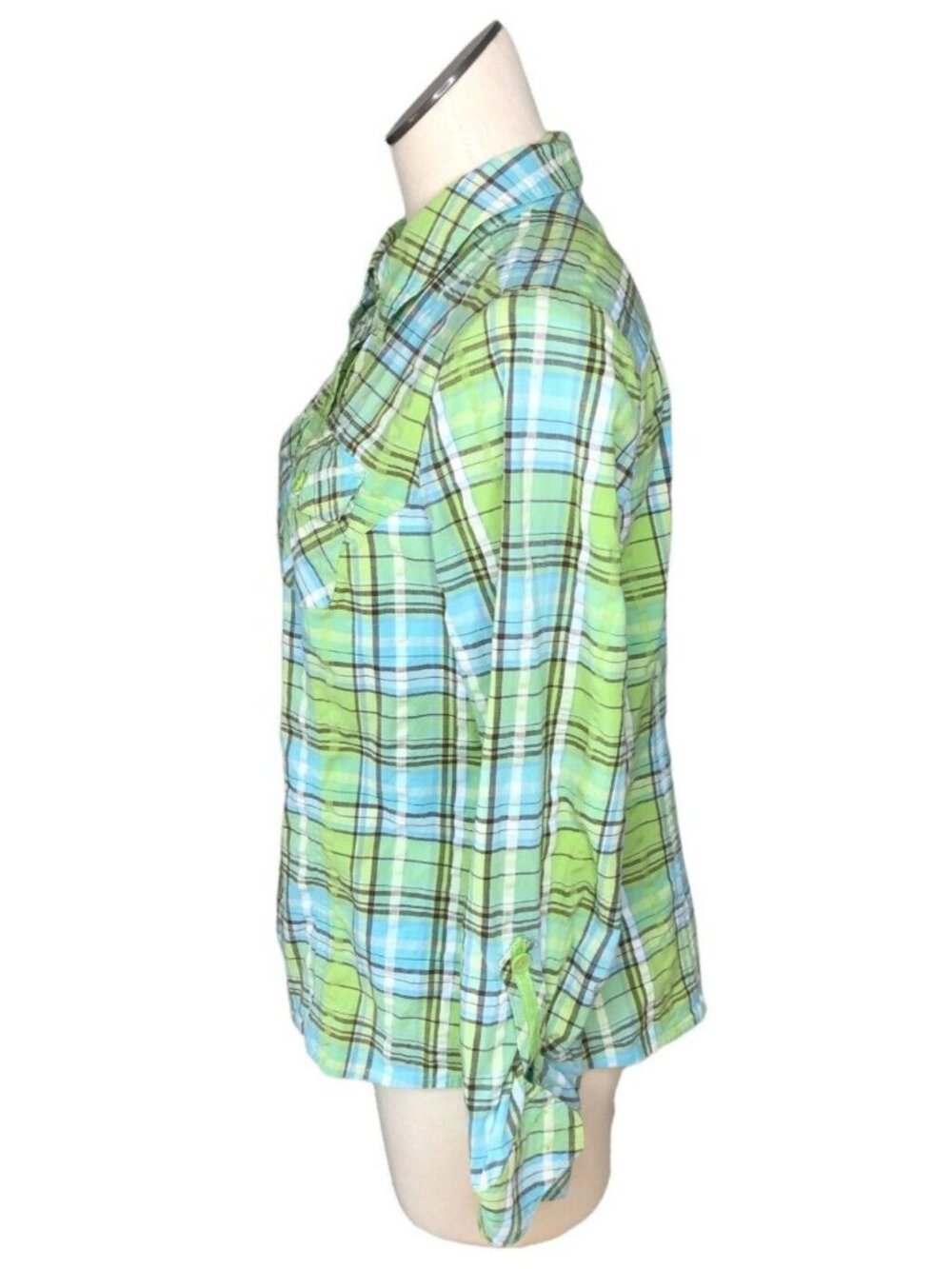Christopher & Banks Button Down Shirt M Plaid Long Sleeves Green Blue Western - Picture 6 of 8